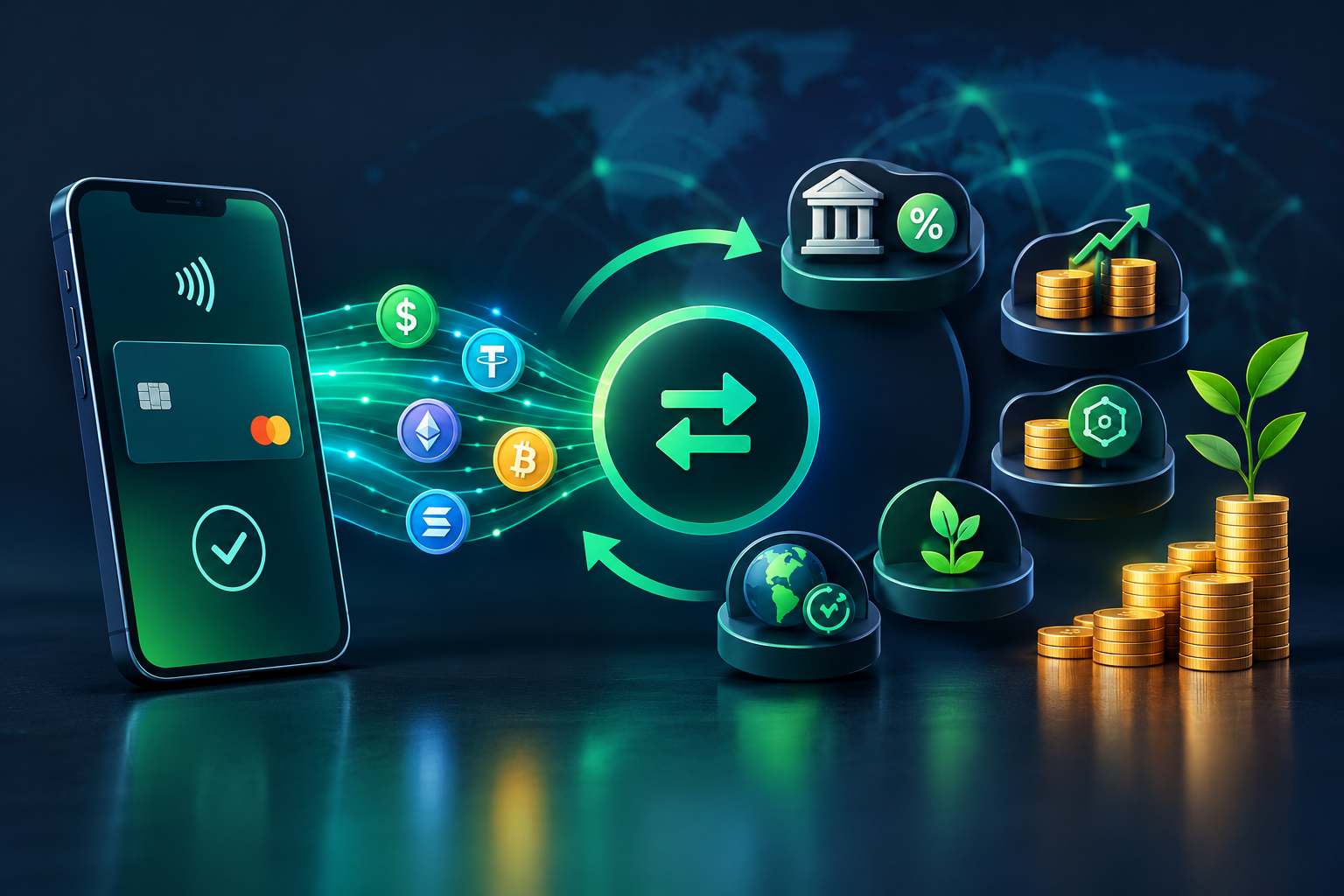 Illustration of digital payment flows, stablecoins, and yield